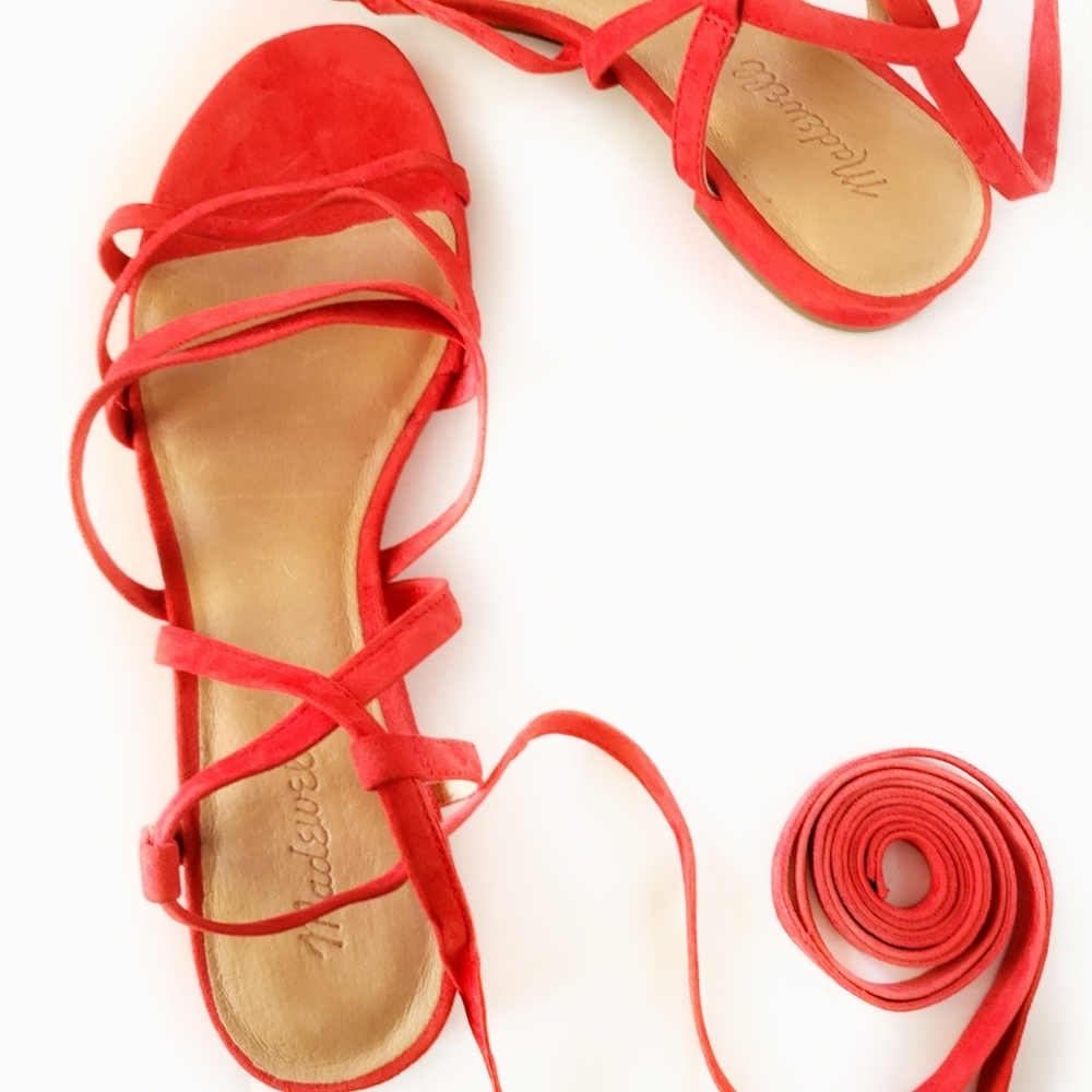 Madewell Red Holly Ankle Wrap Suede Flat Sandal